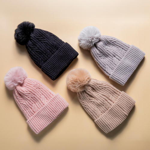 THSAP1371: (4 pcs) Braided Twist Pompom Beanie Pack