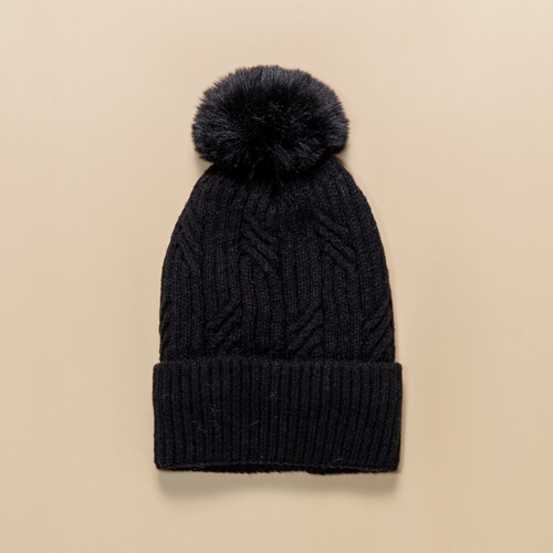 THSBE1015: Black: (D) Braided Twist Pompom Beanie