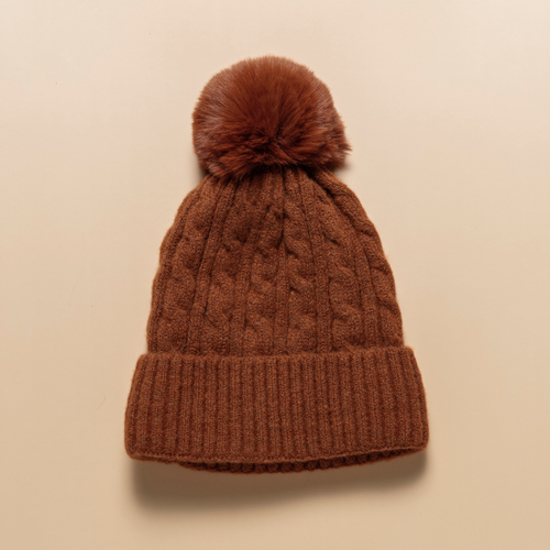 THSBE1018: (D) Burnt Orange: Cable Knit Pompom Beanie