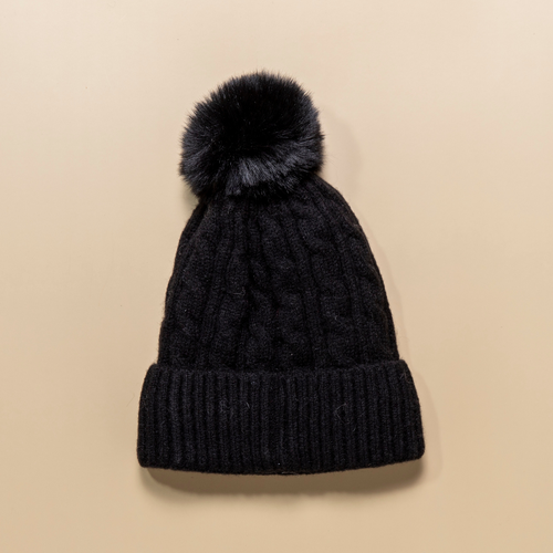 THSBE1019: Black: (D) Cable Knit Pompom Beanie