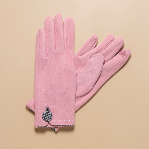 THSG1128: Pink: Houndstooth Button Border Gloves