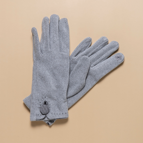 THSG1129: Grey: Houndstooth Button Border Gloves