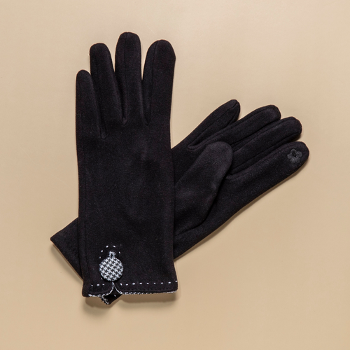 THSG1130: Black: Houndstooth Button Border Gloves