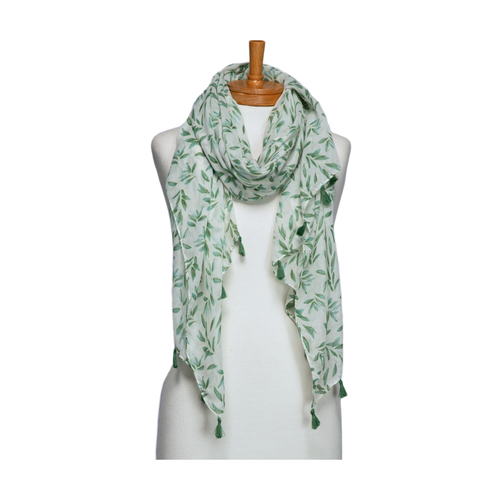 THSS2673: Green: Multi Leaves with Tassels Scarf