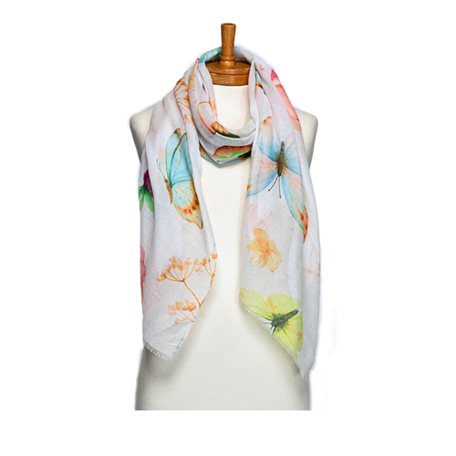 THSS2740: White: Butterfly Floral Scarf