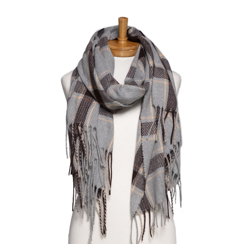 THSS2765: Grey: Checked Fringe Scarf