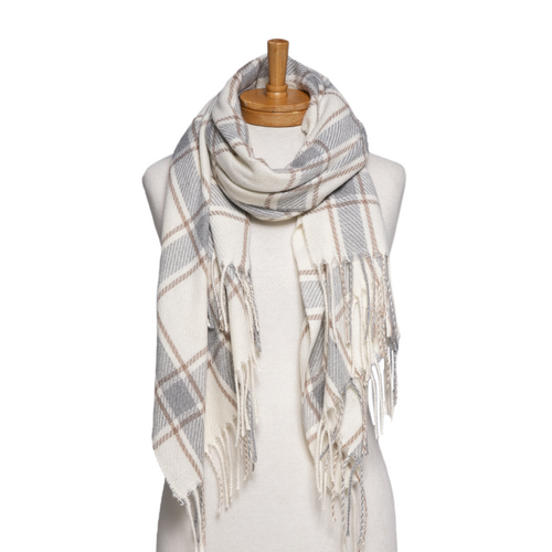 THSS2767: Cream: Checked Fringe Scarf