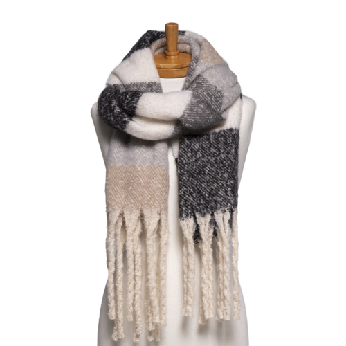 THSS2769: Beige Black: Striped Fringe Scarf