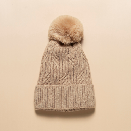 THSBE1014: Camel: (D) Braided Twist Pompom Beanie