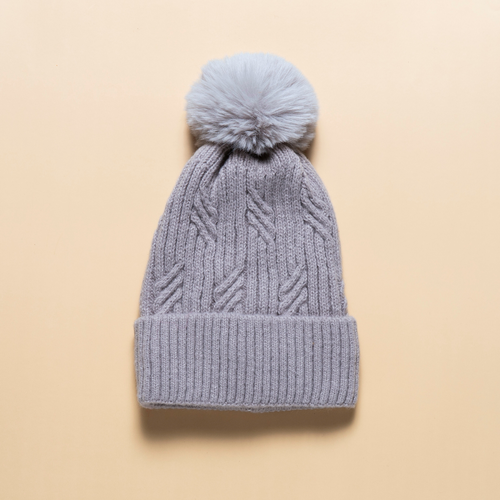 THSBE1014: Grey: (D) Braided Twist Pompom Beanie