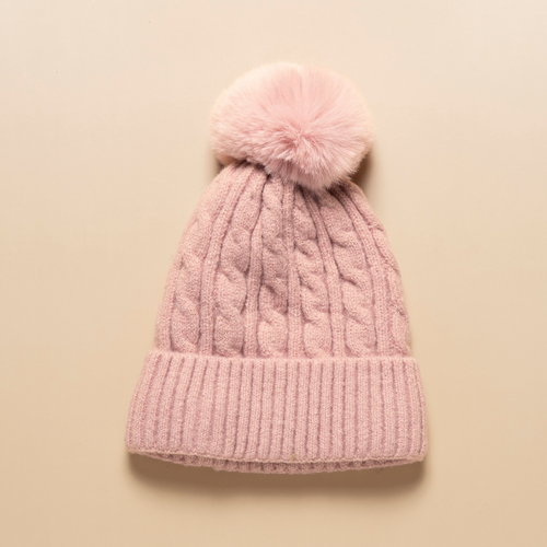 THSBE1017: (D) Dusty Pink: Cable Knit Pompom Beanie