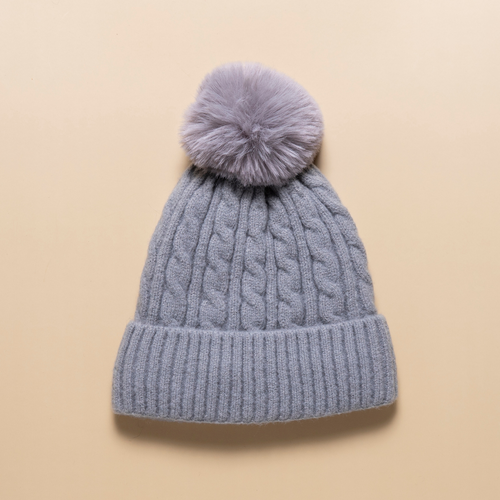 THSBE1020: Grey: (D) Cable Knit Pompom Beanie