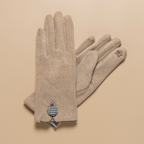 THSG1127: Camel : Houndstooth Button Border Gloves