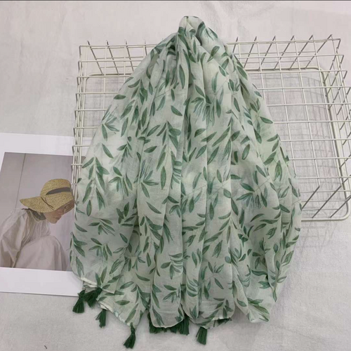 THSS2673: Green: Multi Leaves with Tassels Scarf