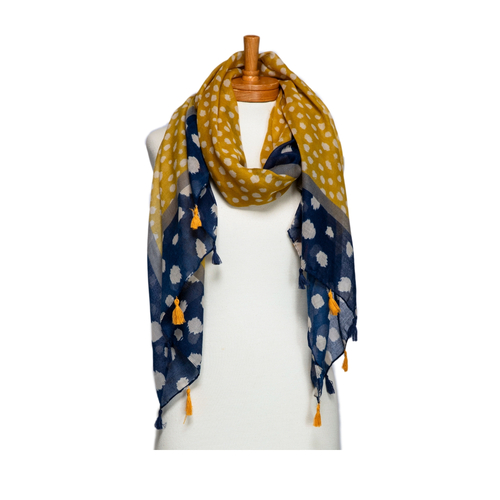 THSS2674: Navy: Multi Polka Dots with Tassels Scarf