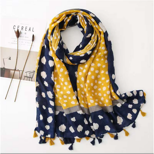 THSS2674: Navy: Multi Polka Dots with Tassels Scarf